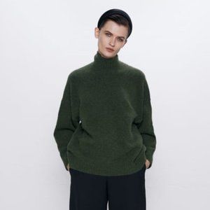 ZARA Wool Blend Turtleneck Sweater - S - Khaki Green